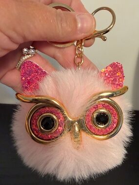 Pink Fuzzy Owl Keychain/Bag charm with Gold Accents